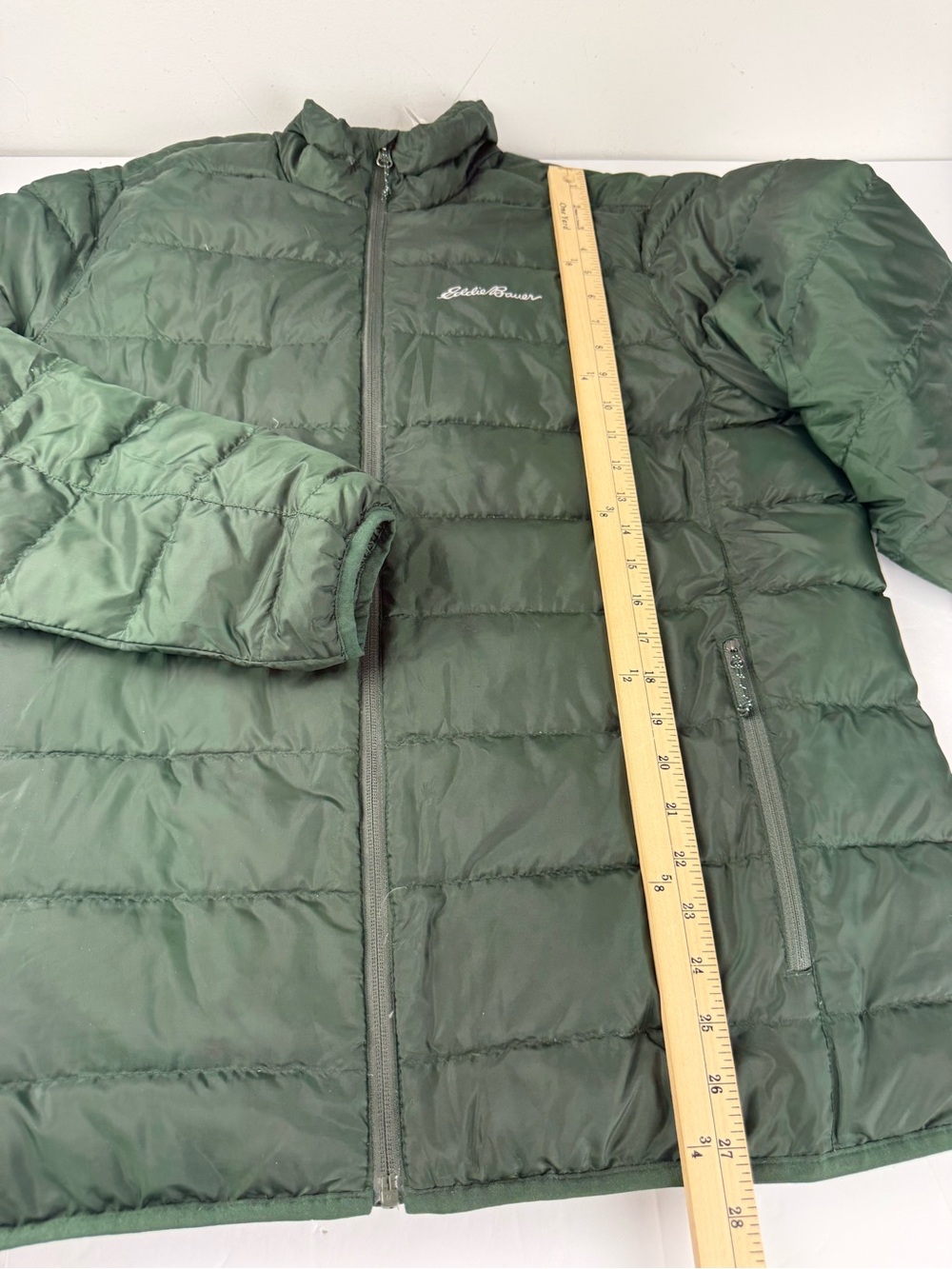 Eddie Bauer Mens Large Down Puffer Jacket Green Hooded 650 Fill EB650 Zip Coat - Picture 3 of 8